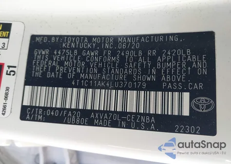 2020 Toyota Camry Le z USA, uszkodzony, nr VIN 4T1C11AK4LU370179